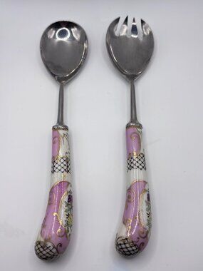 Sheffield VTG Pink Porcelain Floral & Stainless Salad Fork & Spoon Judson  Rare